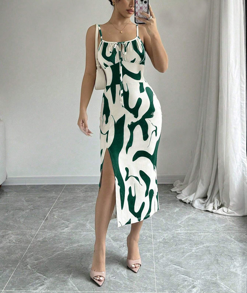 Printed suspender split dress with lace-up waist, view 11 - MRSLM