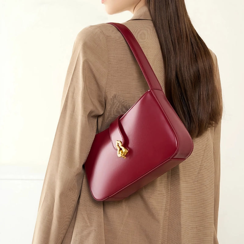 wine red genuine leather half moon shoulder bag, view 7 - MRSLM