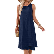 Women's navy sleeveless round neck dress, view 5 - MRSLM