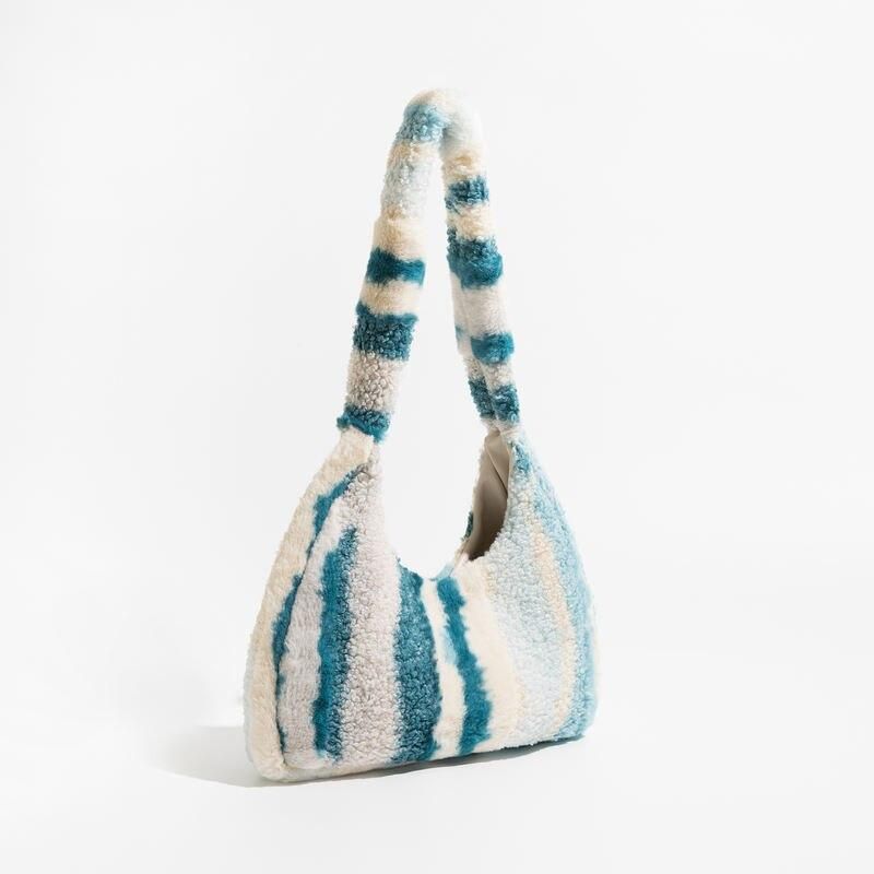 striped faux fur underarm hobo bag, view 9 - MRSLM