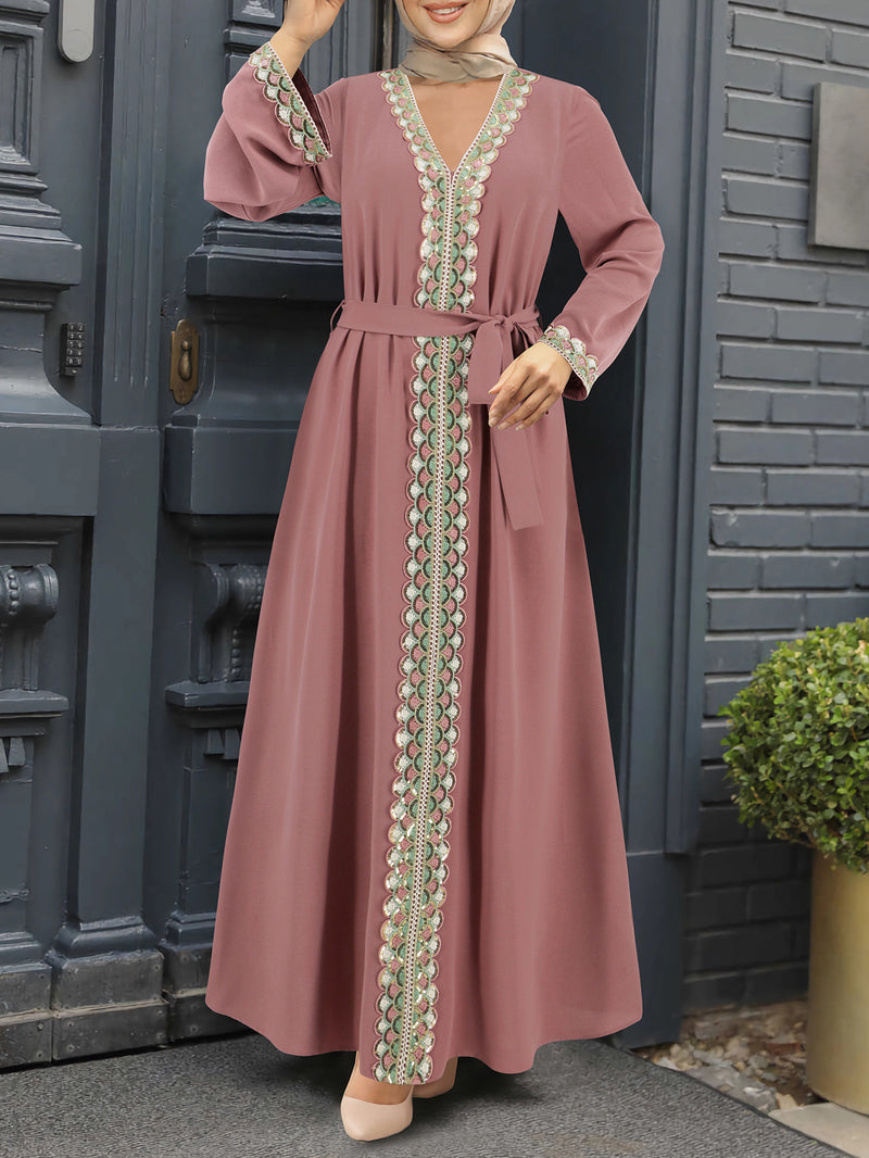 V-neck lace stitching long dress, view 2 - MRSLM
