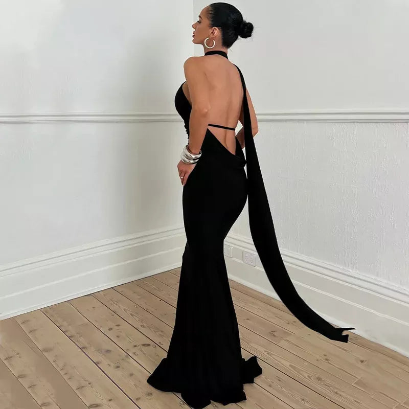 inclined shoulder maxi long dress, view 16 - MRSLM