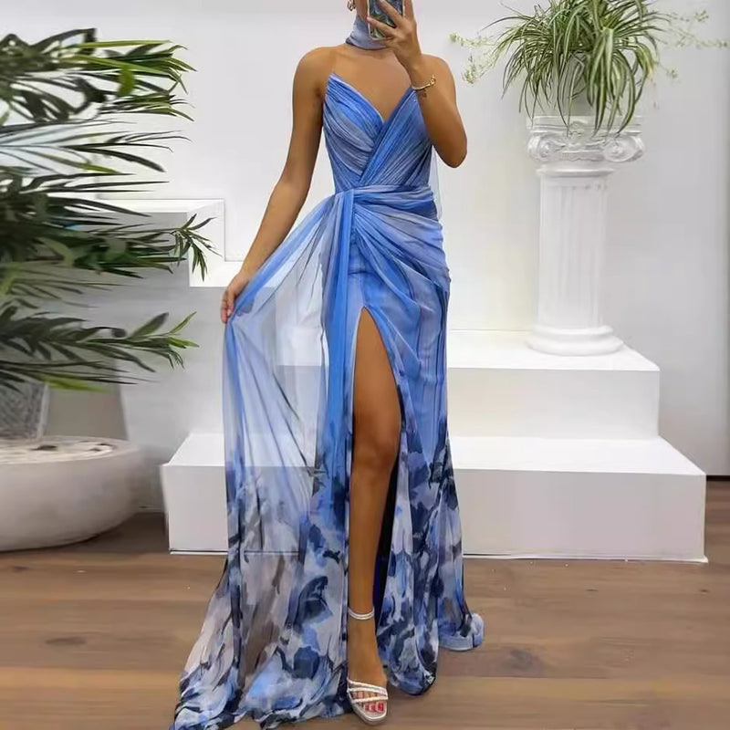 summer sleeveless elegant slit print dress, view 3 - MRSLM
