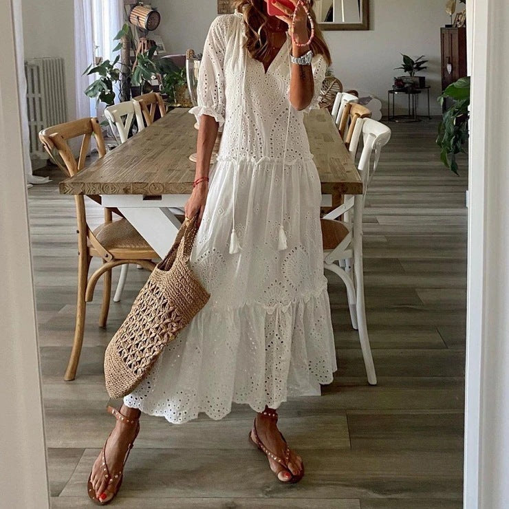 casual v-neck printed mid-length dress, view 2 - MRSLM