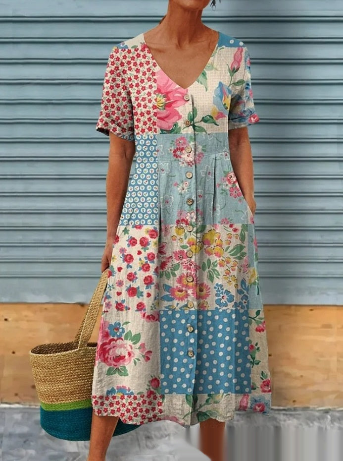 v-neck mid-length a-line dress, view 6 - MRSLM