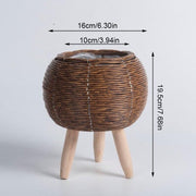 nordic woven plant stand with wooden legs, view 2 - MRSLM