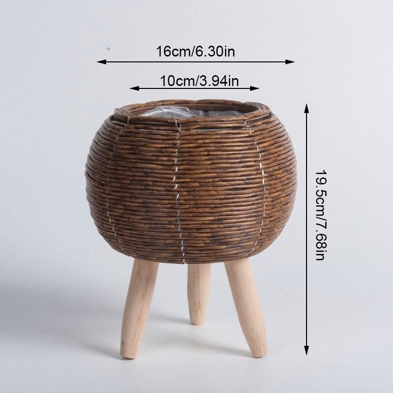 nordic woven plant stand with wooden legs, view 2 - MRSLM