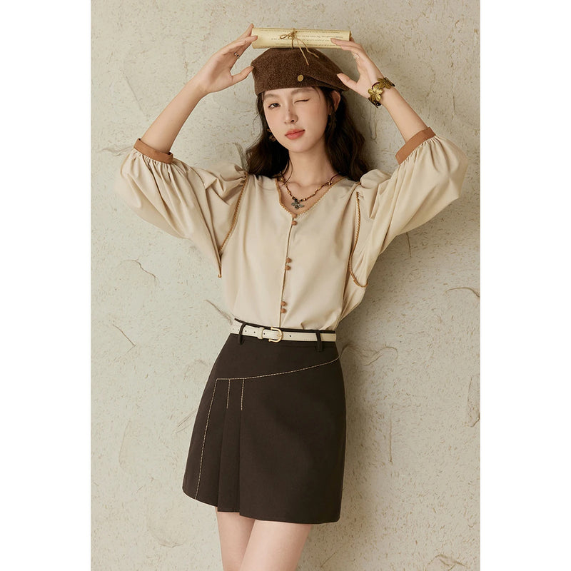 retro v-neck lantern sleeve shirt, view 6 - MRSLM