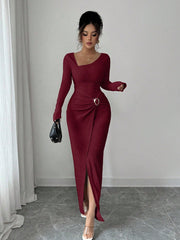 women's knit long dress with irregular neckline, view 6 - MRSLM
