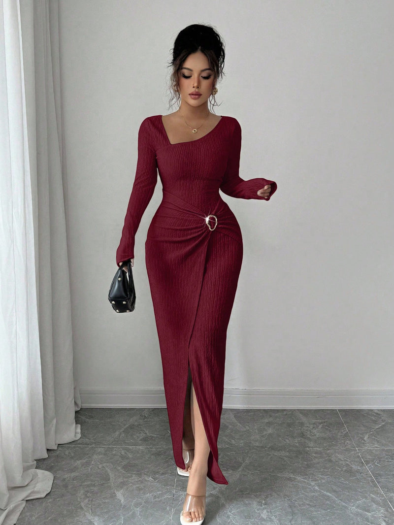 women's knit long dress with irregular neckline, view 6 - MRSLM