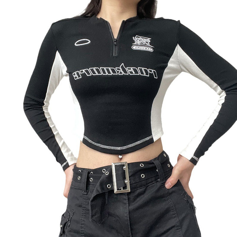 contrast patchwork embroidered letter long sleeve top, view 10 - MRSLM
