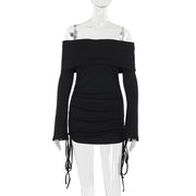 off-shoulder drawstring hip dress, view 6 - MRSLM