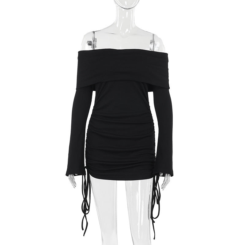 off-shoulder drawstring hip dress, view 6 - MRSLM