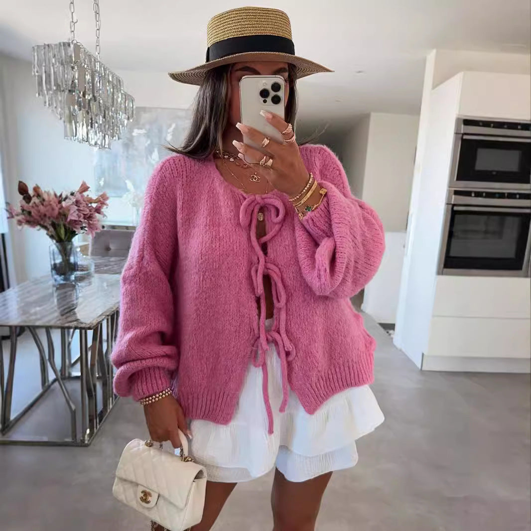 Women's Knitted Bow Lace-Up Long Sleeve Hollow Out Cardigan