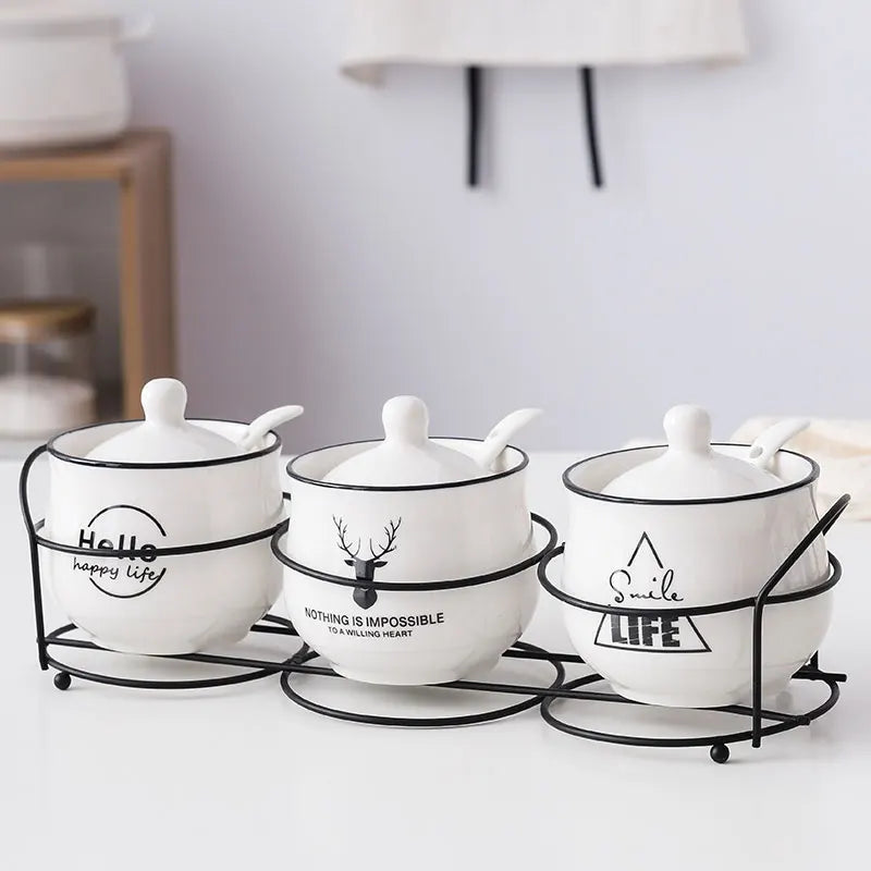 Ceramic spice jar set with spoon and lid, view 2 - MRSLM