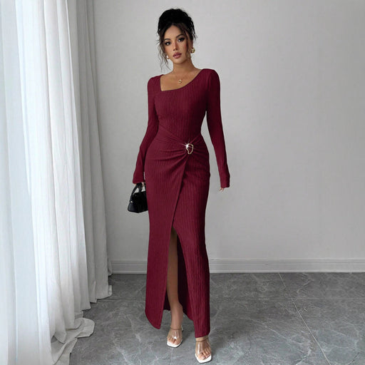 women's knit long dress with irregular neckline - MRSLM