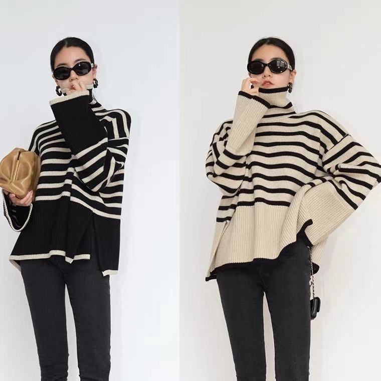 women's loose striped turtleneck sweater, view 4 - MRSLM