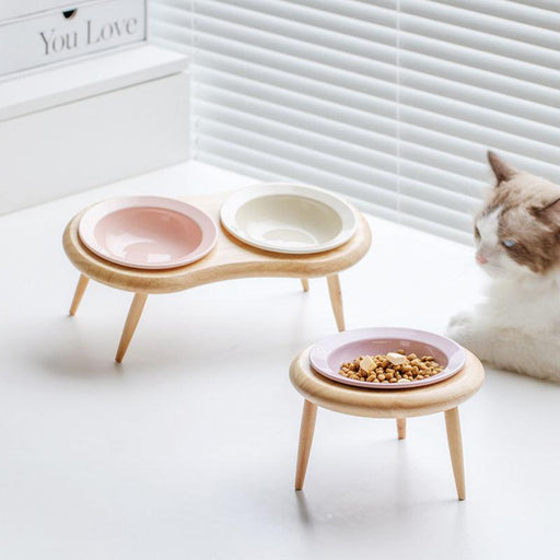 Elevated ceramic pet bowls with wooden stand - MRSLM