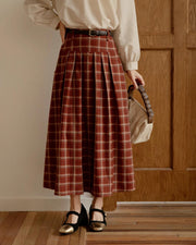 red plaid pleated midi skirt, view 5 - MRSLM