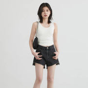high waist asymmetric hem denim shorts, view 3 - MRSLM