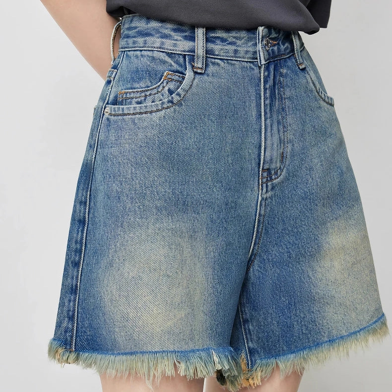 high waist tassel denim shorts, view 6 - MRSLM