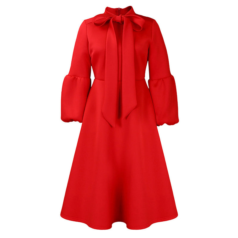 puff sleeve lace-up swing dress, view 8 - MRSLM