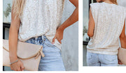 sequined sleeveless padded shoulder vest top, view 10 - MRSLM