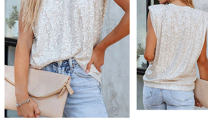 sequined sleeveless padded shoulder vest top, view 10 - MRSLM