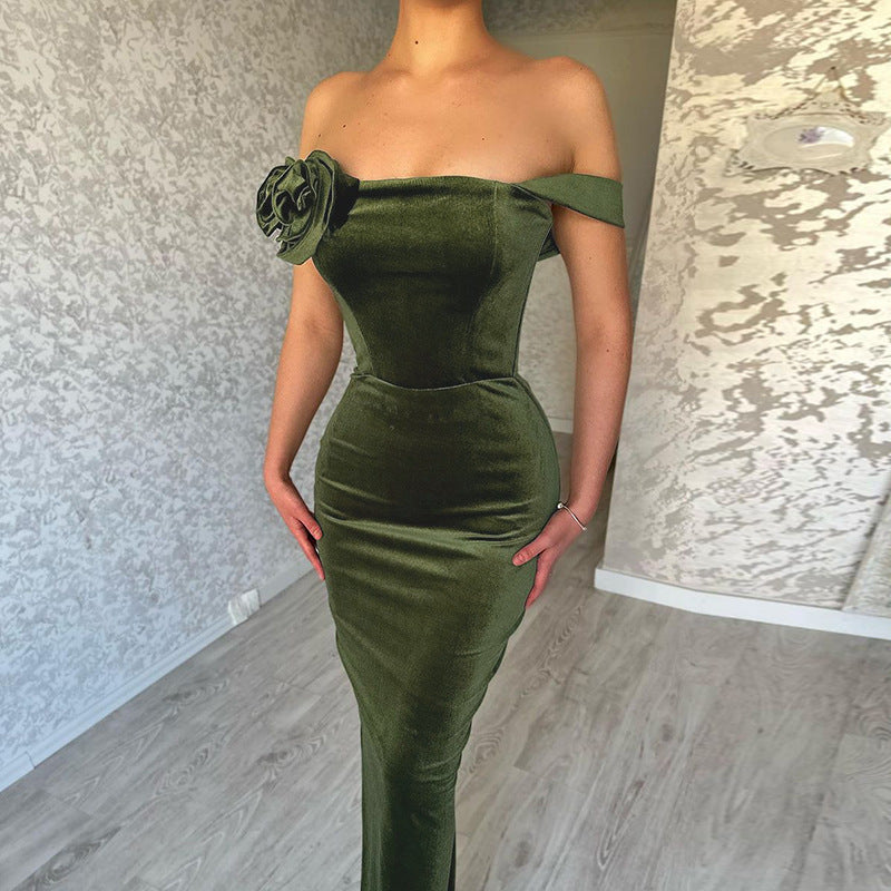 velvet flower off-shoulder dress, view 7 - MRSLM