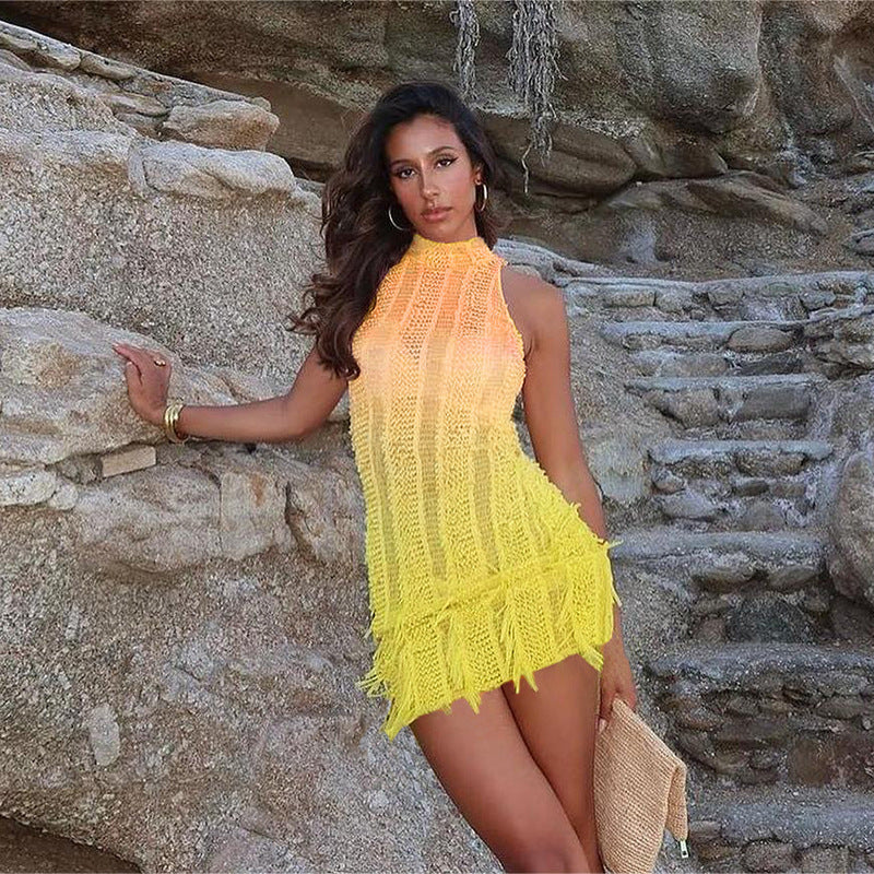 yellow tassel high waist dress, view 2 - MRSLM