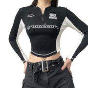 contrast patchwork embroidered letter long sleeve top, view 4 - MRSLM