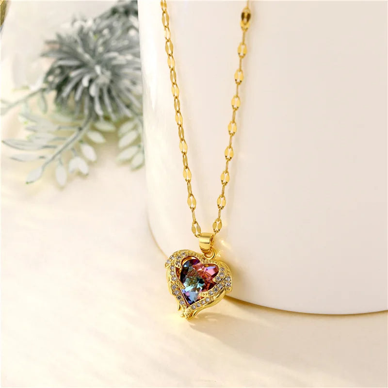 golden ocean heart titanium steel necklace, view 7 - MRSLM