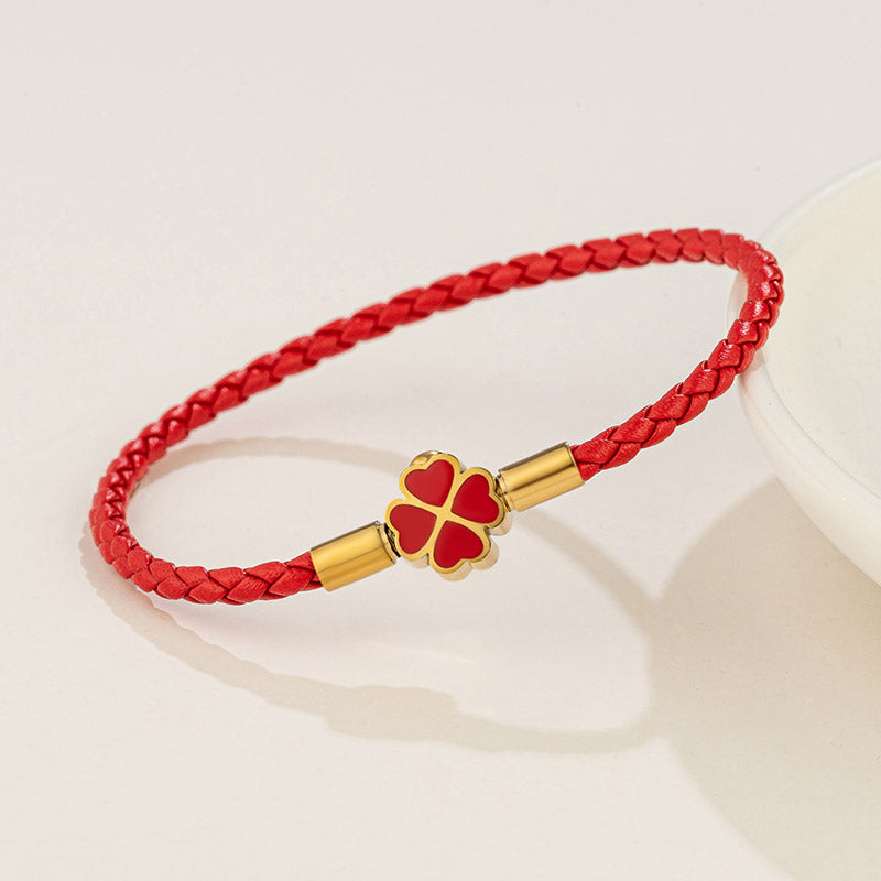 four-leaf clover braided leather bracelet, view 3 - MRSLM
