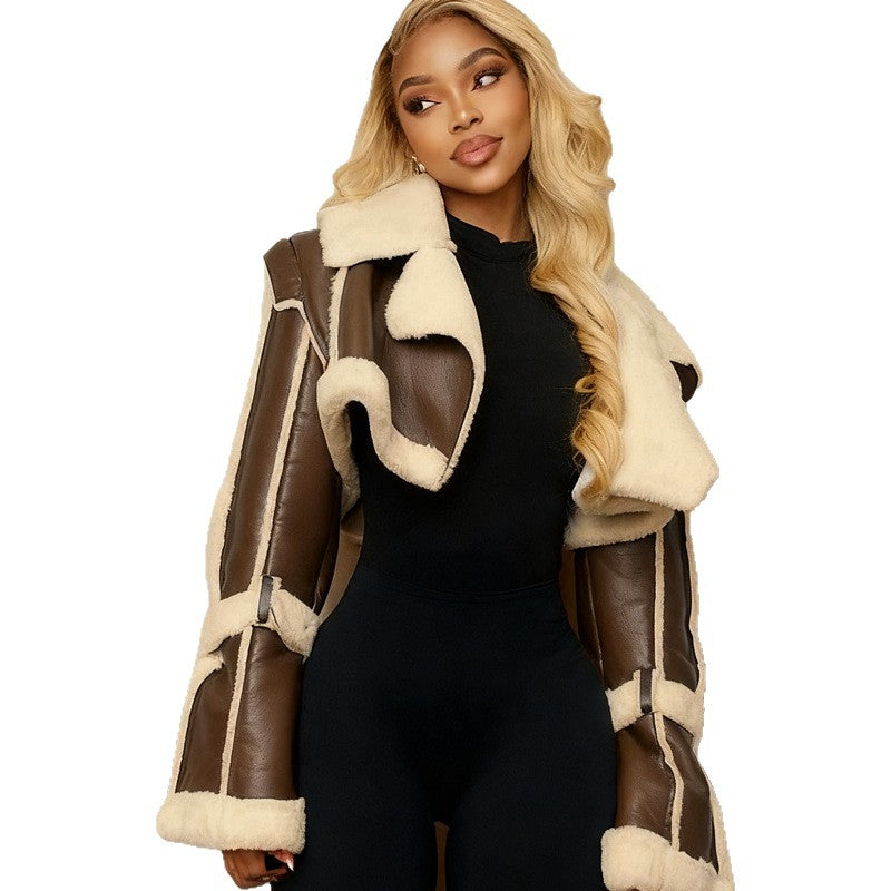 Women's faux shearling trim moto jacket, view 2 - MRSLM