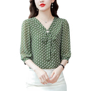 women's floral chiffon v-neck shirt, view 3 - MRSLM