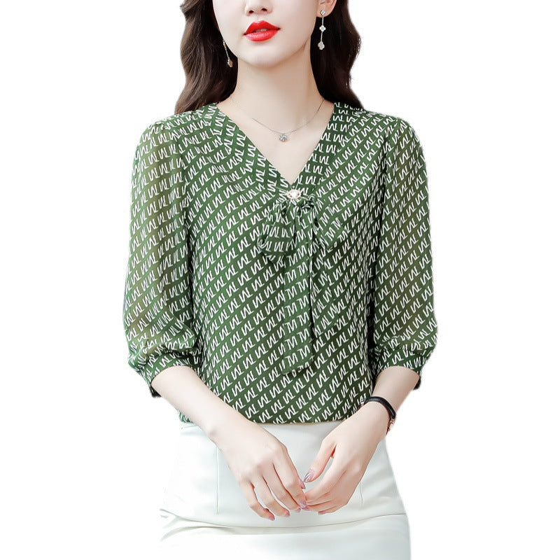 women's floral chiffon v-neck shirt, view 3 - MRSLM
