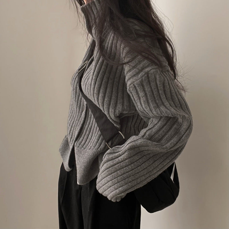women's high neck ribbed cardigan sweater, view 4 - MRSLM