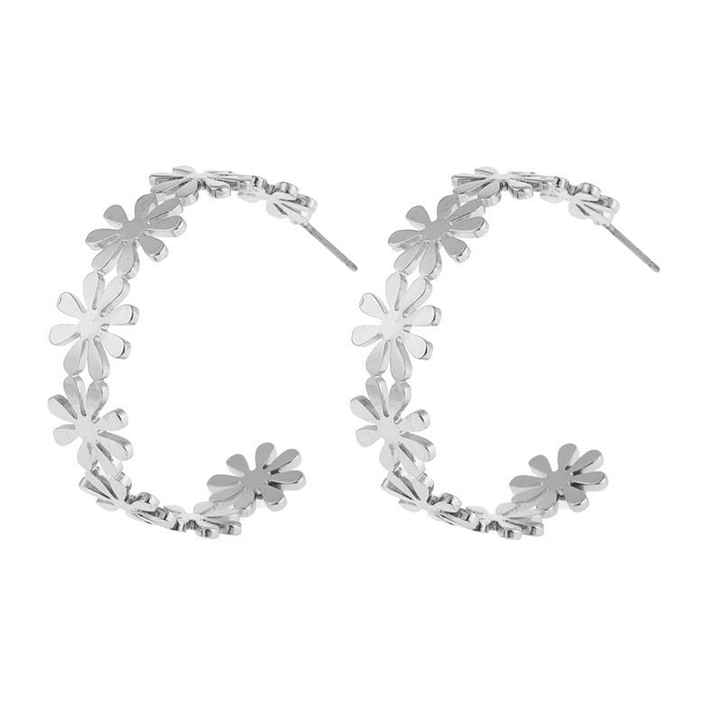 golden C-shaped flower drop earrings, view 3 - MRSLM