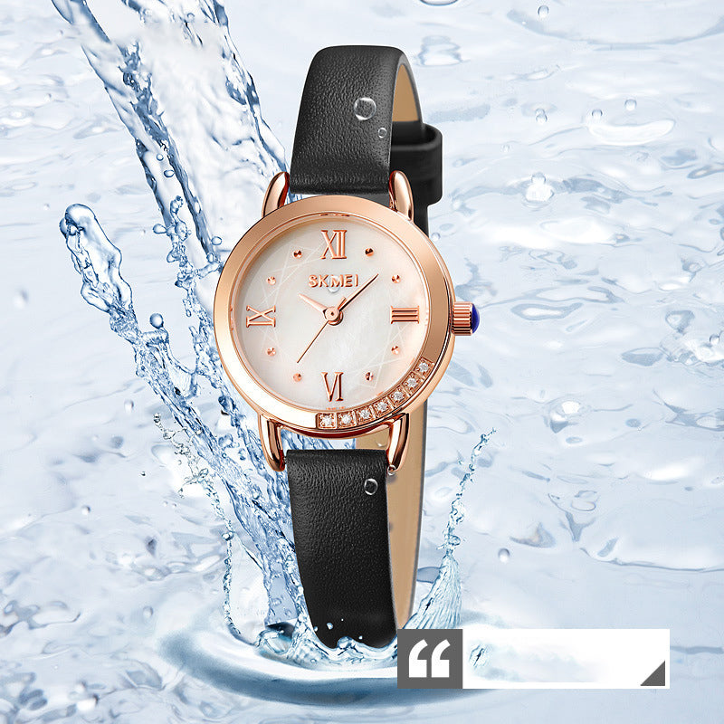 small round leather strap ladies quartz watch, view 10 - MRSLM