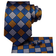 blue and gold plaid silk necktie set for men, view 3 - MRSLM