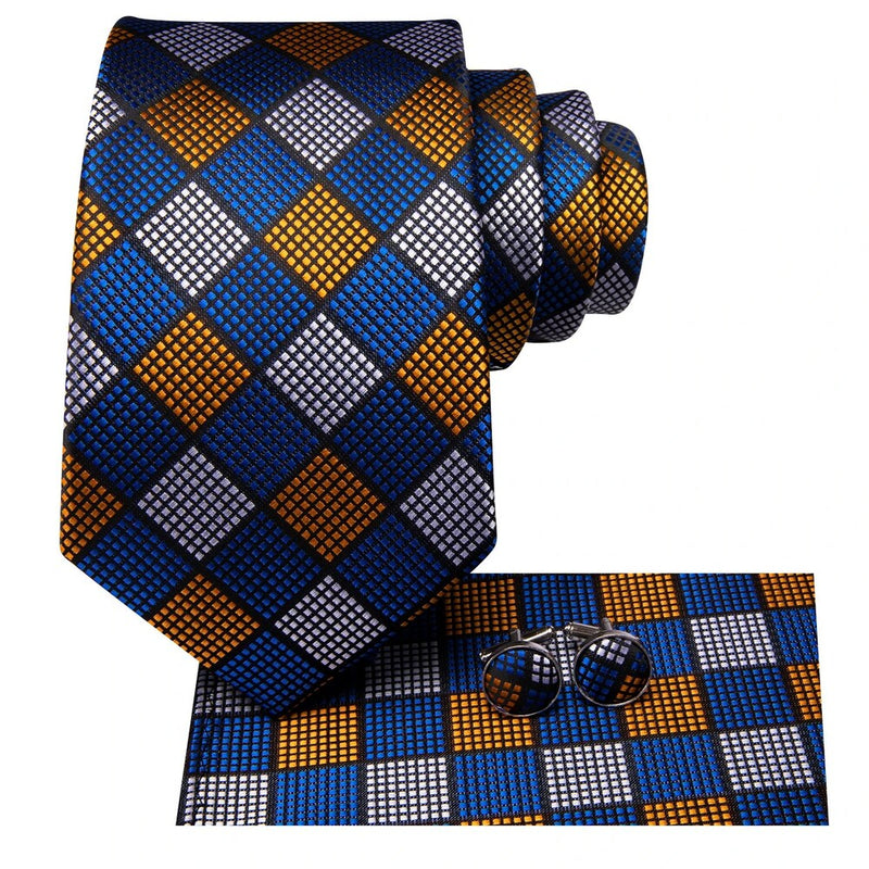 blue and gold plaid silk necktie set for men, view 3 - MRSLM