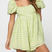 plaid puff sleeve jumpsuit dress, view 2 - MRSLM
