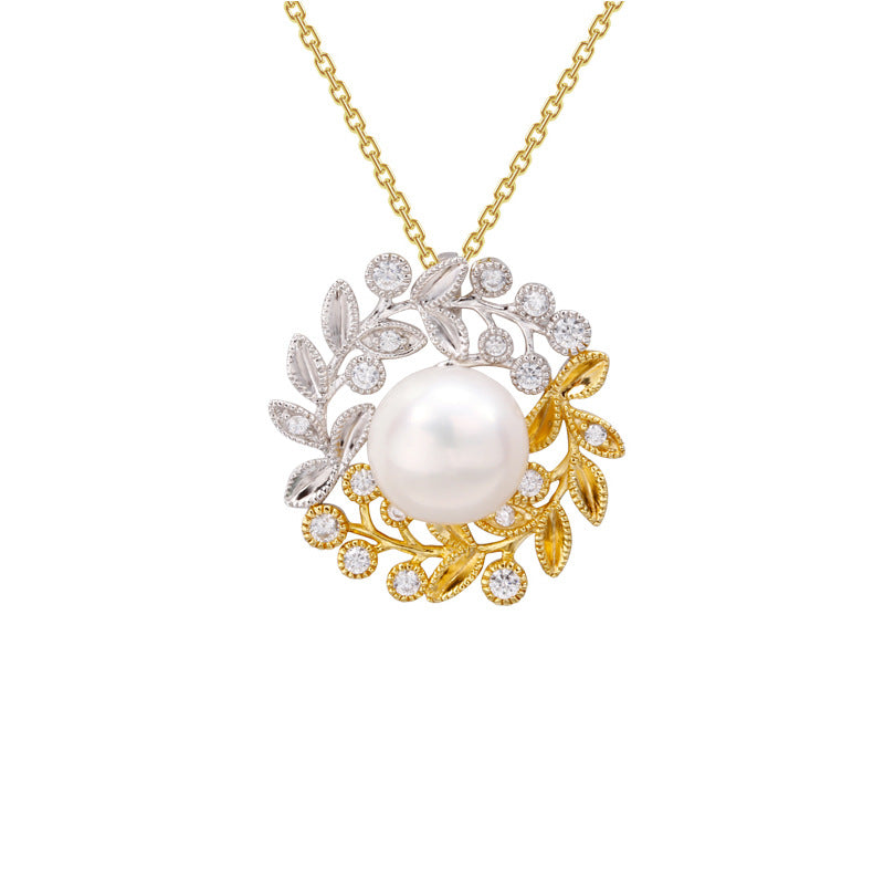 silver pearl leaf necklace, view 5 - MRSLM