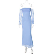 off-the-shoulder long sleeve mesh dress, view 6 - MRSLM