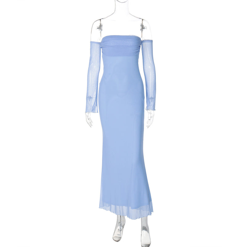 off-the-shoulder long sleeve mesh dress, view 6 - MRSLM