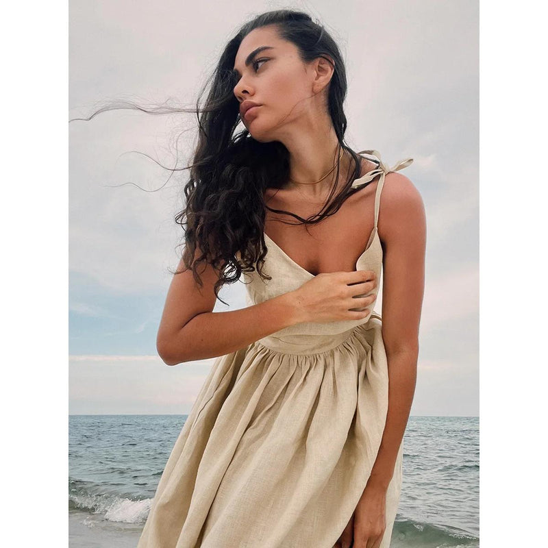 summer breeze cotton v-neck midi dress, view 9 - MRSLM