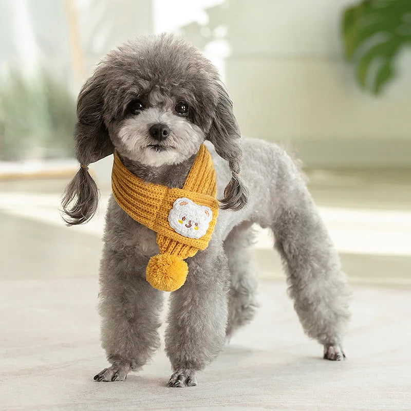 dog knitted scarf with fuzzy pompom, view 2 - MRSLM