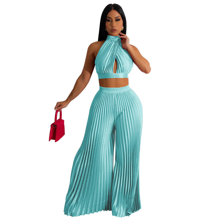 Women's Halter Silk-like Pleated Wide-leg Pants Two-piece Set