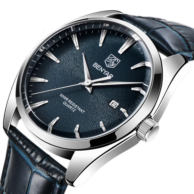 men's leather band quartz watch, view 3 - MRSLM