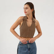 Cropped halter top, cotton-polyester blend, view 3 - MRSLM
